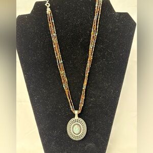 Premier Designs Reversible Pendant Turquoise And Tiger Eye / Beaded Necklace 18”